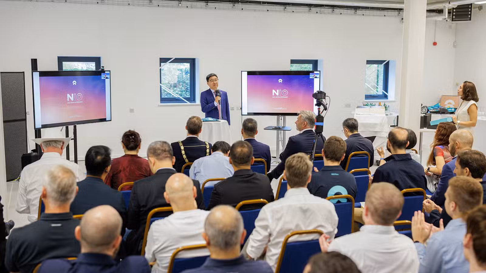 Zhang Hui, vice president of Nio Europe, spoke at the 10th-anniversary celebration of the company’s R&D center in the UK.