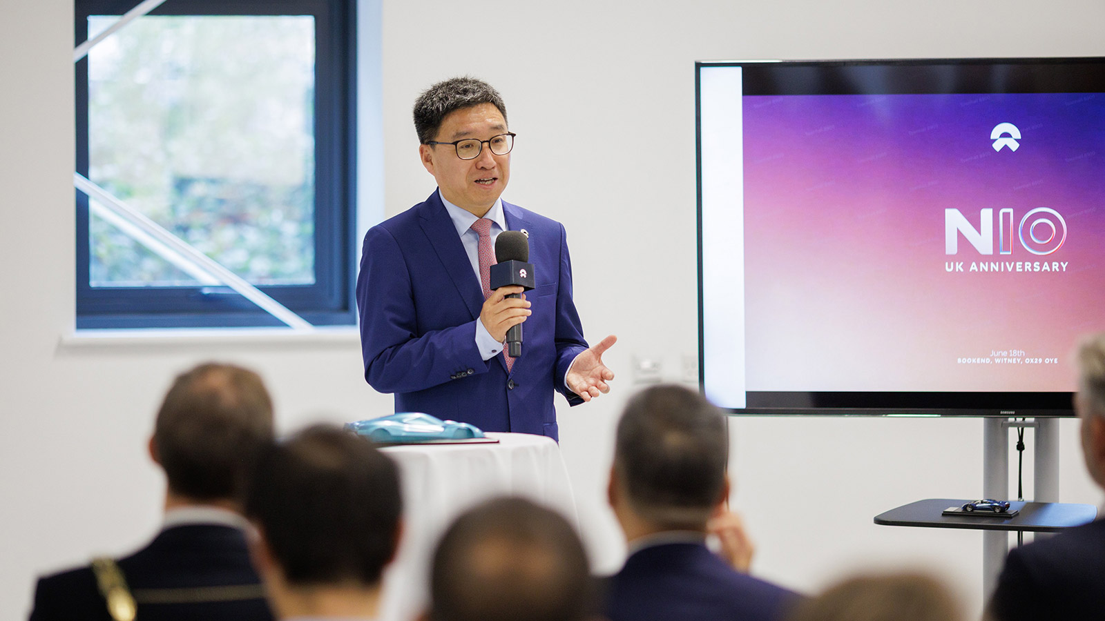 Zhang Hui, vice president of Nio Europe, spoke at the 10th-anniversary celebration of the company’s R&D center in the UK.