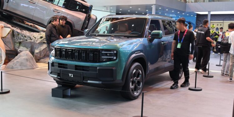 A green Chery Jetour T1 SUV on display at the Beijing auto show in April 2026.