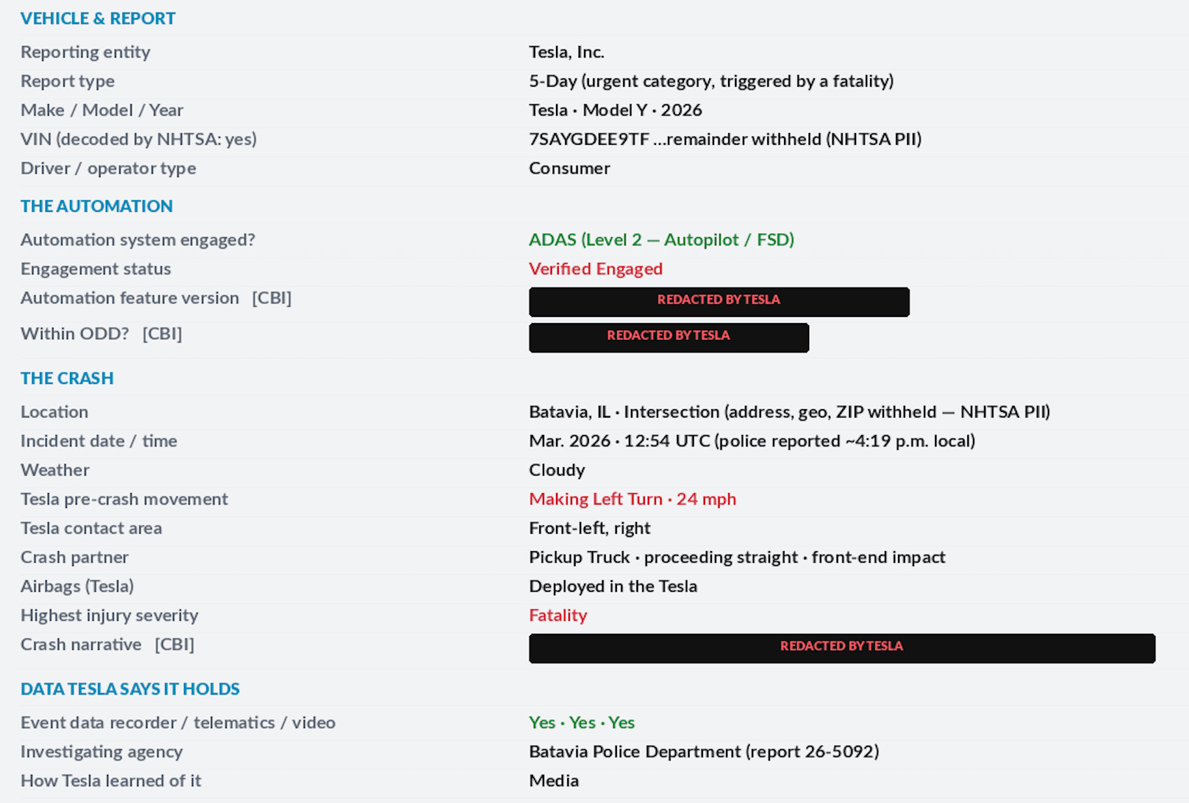 Tesla Batavia Autopilot FSD crash report screenshot