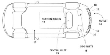 Tesla Electric Fan Car patent FIG. 3B underbody view showing suction region, central inlet, side inlets and rear fan outlet